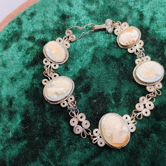 Antique/Vintage Silver Filigree Carved Shell Cameo Bracelet 8" - Picture 2 of 14